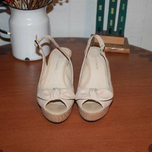 Franco Sarto Leather Cream Bow Cork Sandal Wedges Size 7.5 M
